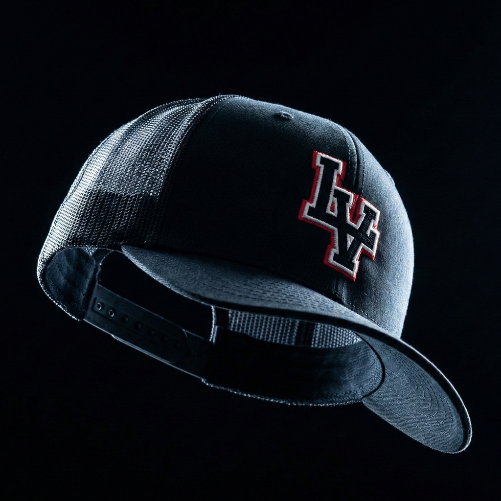 Black cap with an LV logo on a black background